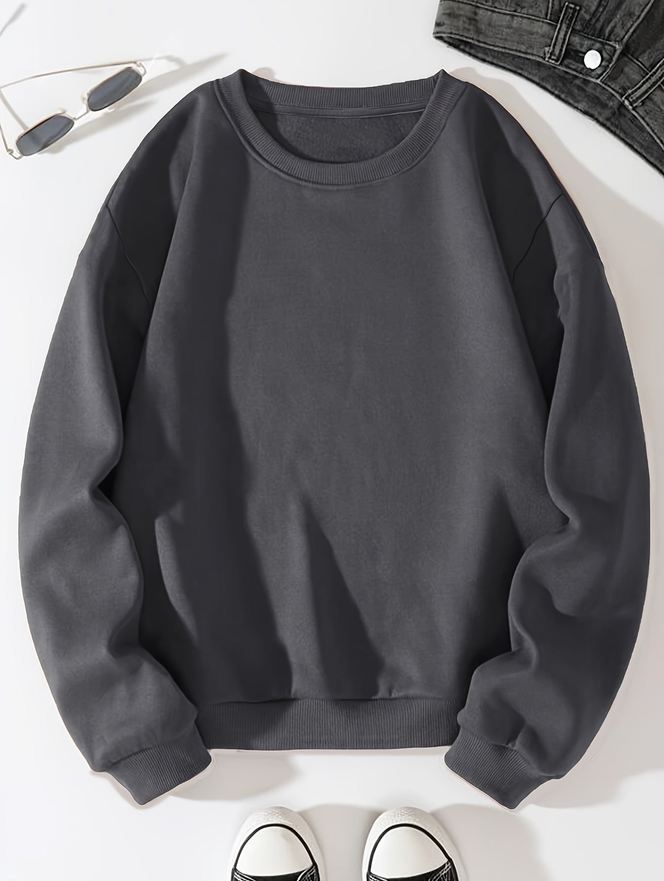 Trendy Solid Sweatshirt, Men's Casual Basic Crew Neck Pullover Sweatshirt For Men Fall Winter