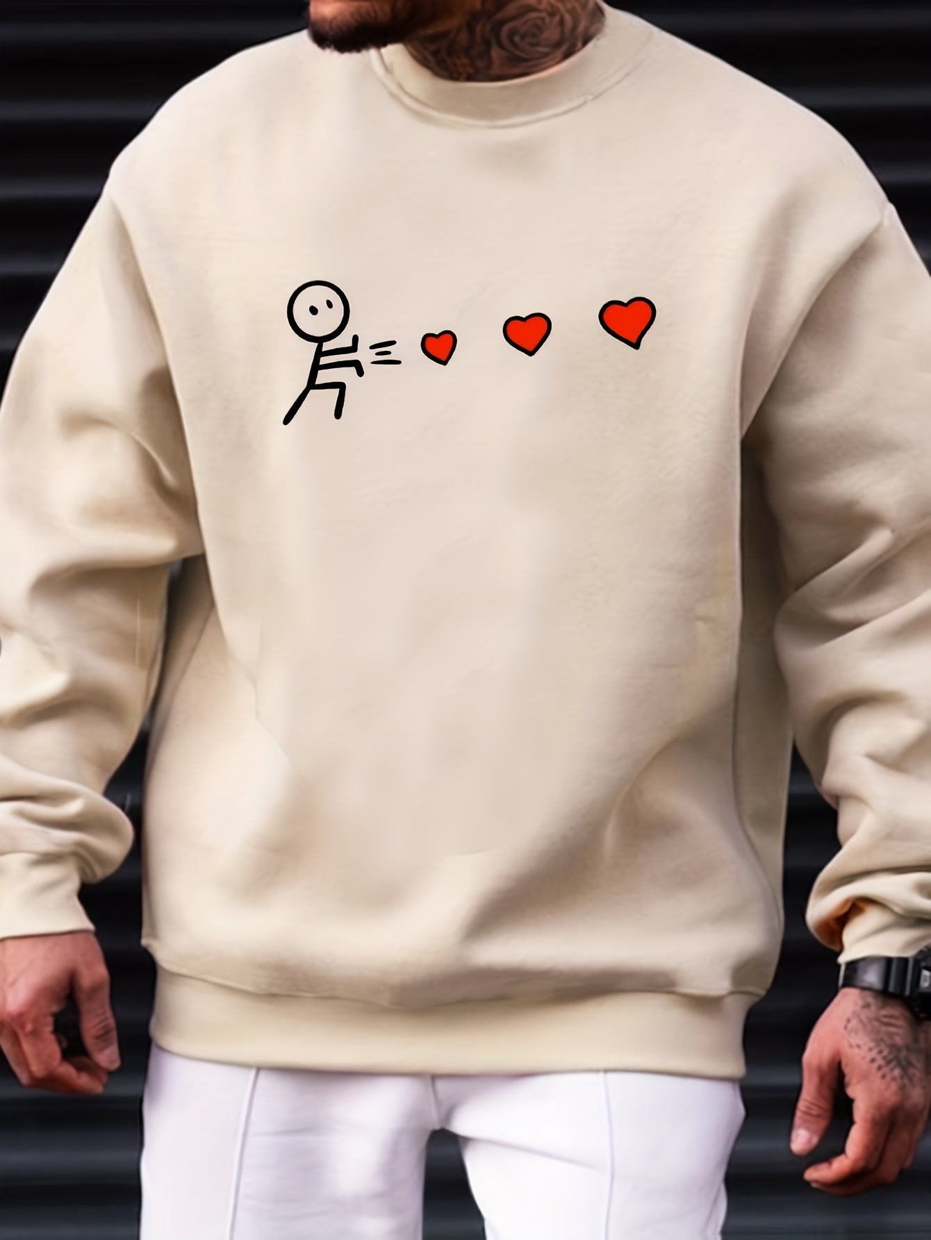 Little Hearts Print Men's Graphic Round Neck Sweatshirt, Loose Trendy Pullover, Men's Clothing For Autumn Winter