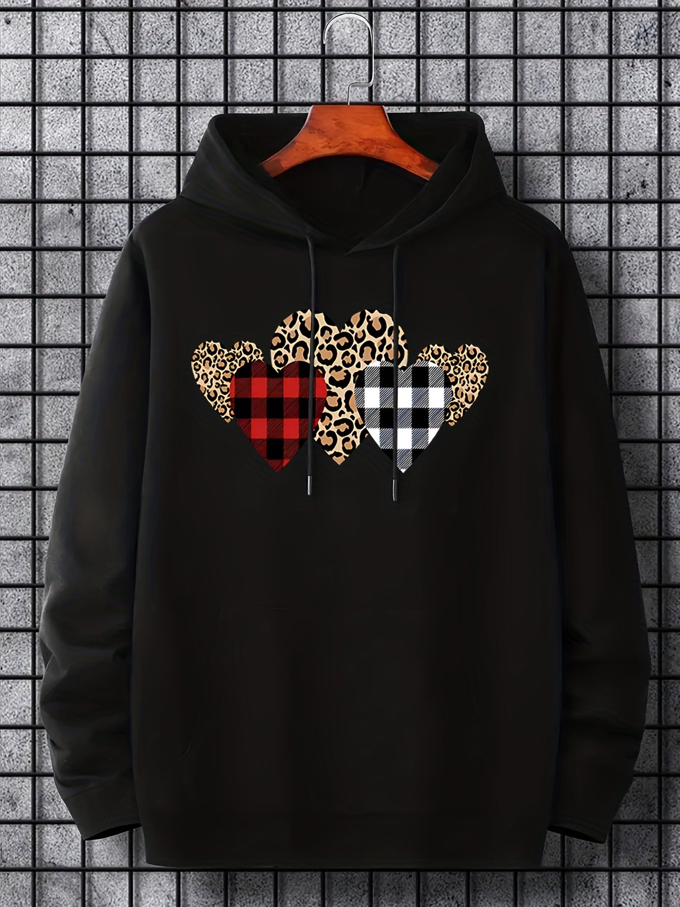 Hoodies For Men, Leopard Plaid Hearts Graphic Hoodie, Men's Casual Pullover Hooded Sweatshirt With Kangaroo Pocket For Spring Fall, As Gifts